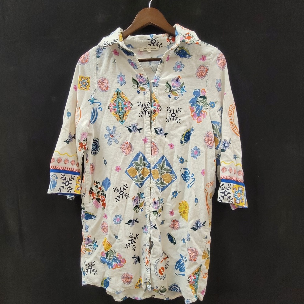 Label Of Love Button Up Shirt Dress Size L Mini Linen Bohemian Multicolor‎ Artsy